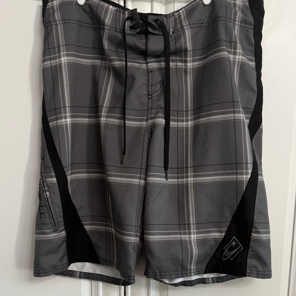 O’Neill Men’s Size 36 Tie Closure Grey/Black Plaid Board Shorts Swim Surf Beach